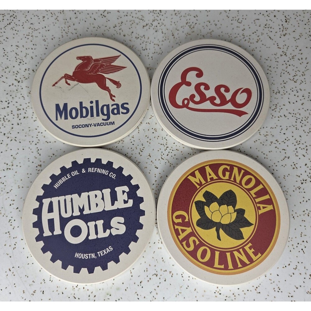 Vtg Mobilgas Gas, Humble Oils, Magnolia Gasoline, Esso Ceramic Coasters Set of 4